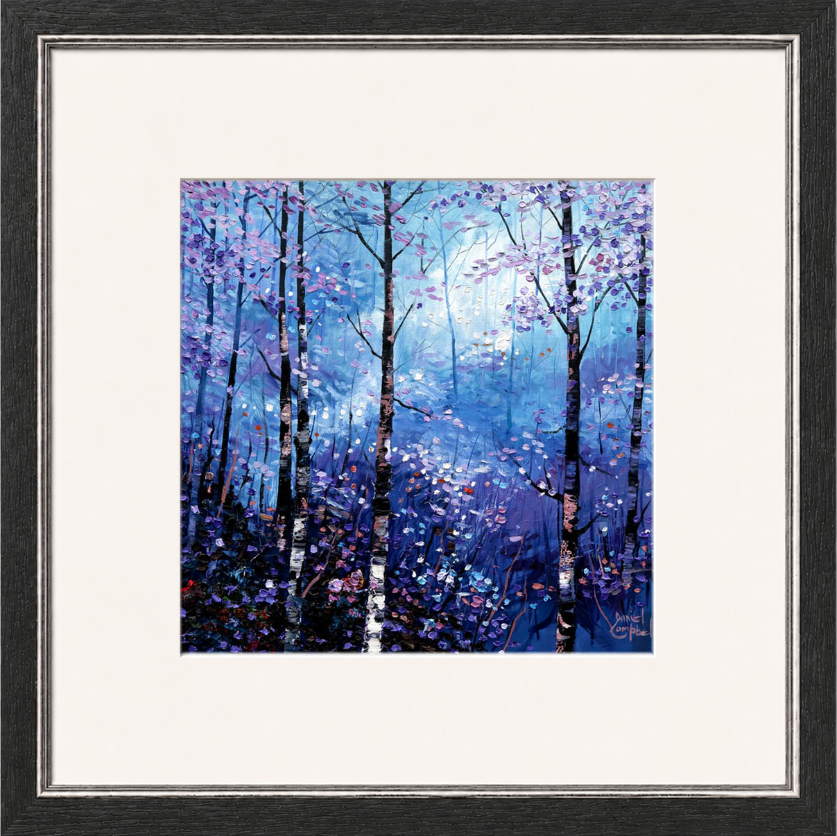Silver Birches in Winter by Daniel Campbell framed wall art print showing silver birch trees in an atmospheric blue winter woodland