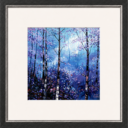 Silver Birches in Winter by Daniel Campbell framed wall art print showing silver birch trees in an atmospheric blue winter woodland
