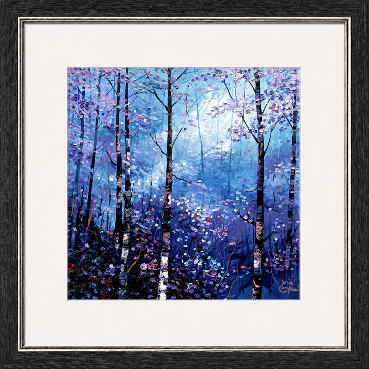 Silver Birches in Winter by Daniel Campbell framed wall art print showing silver birch trees in an atmospheric blue winter woodland