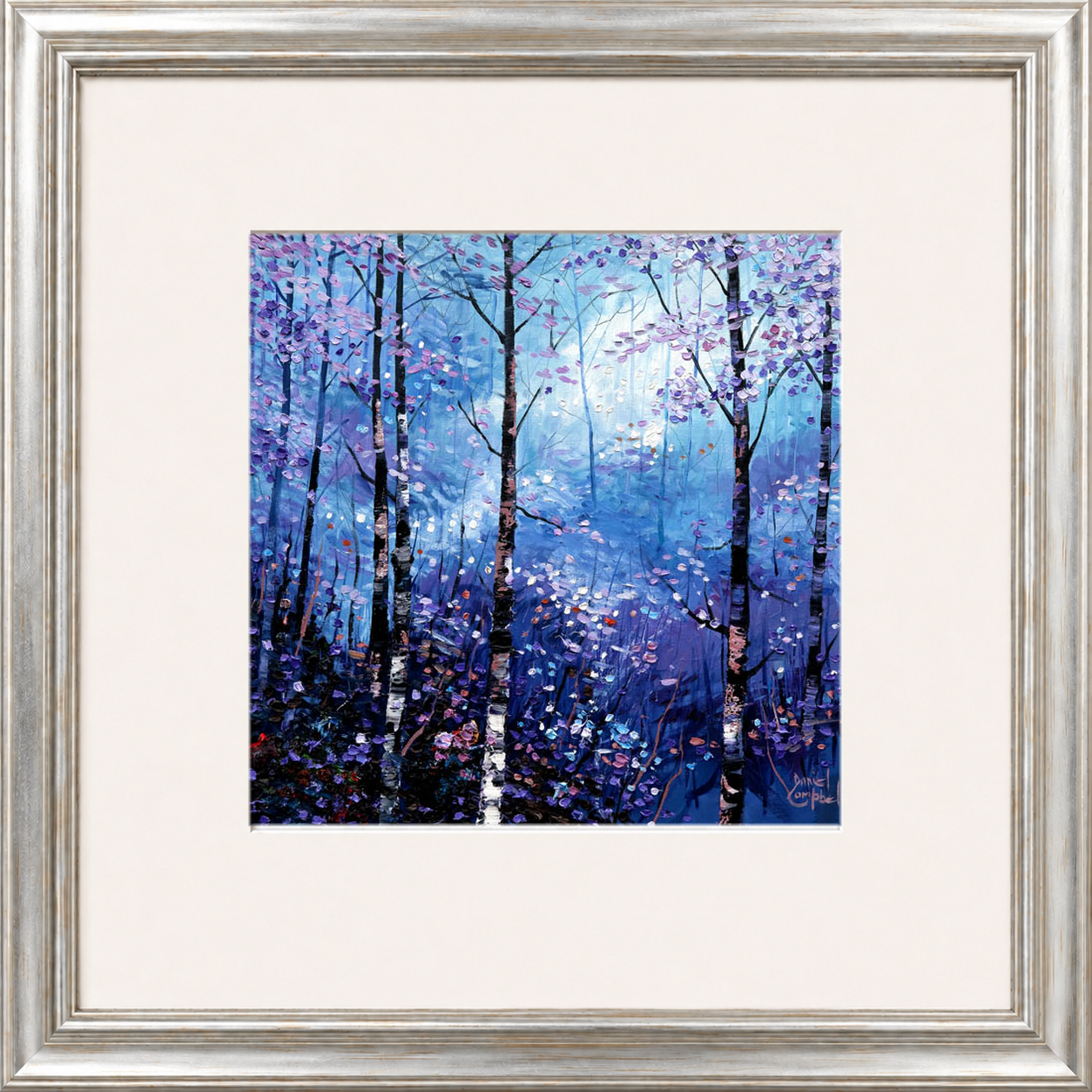 Silver Birches in Winter by Daniel Campbell framed wall art print showing silver birch trees in an atmospheric blue winter woodland