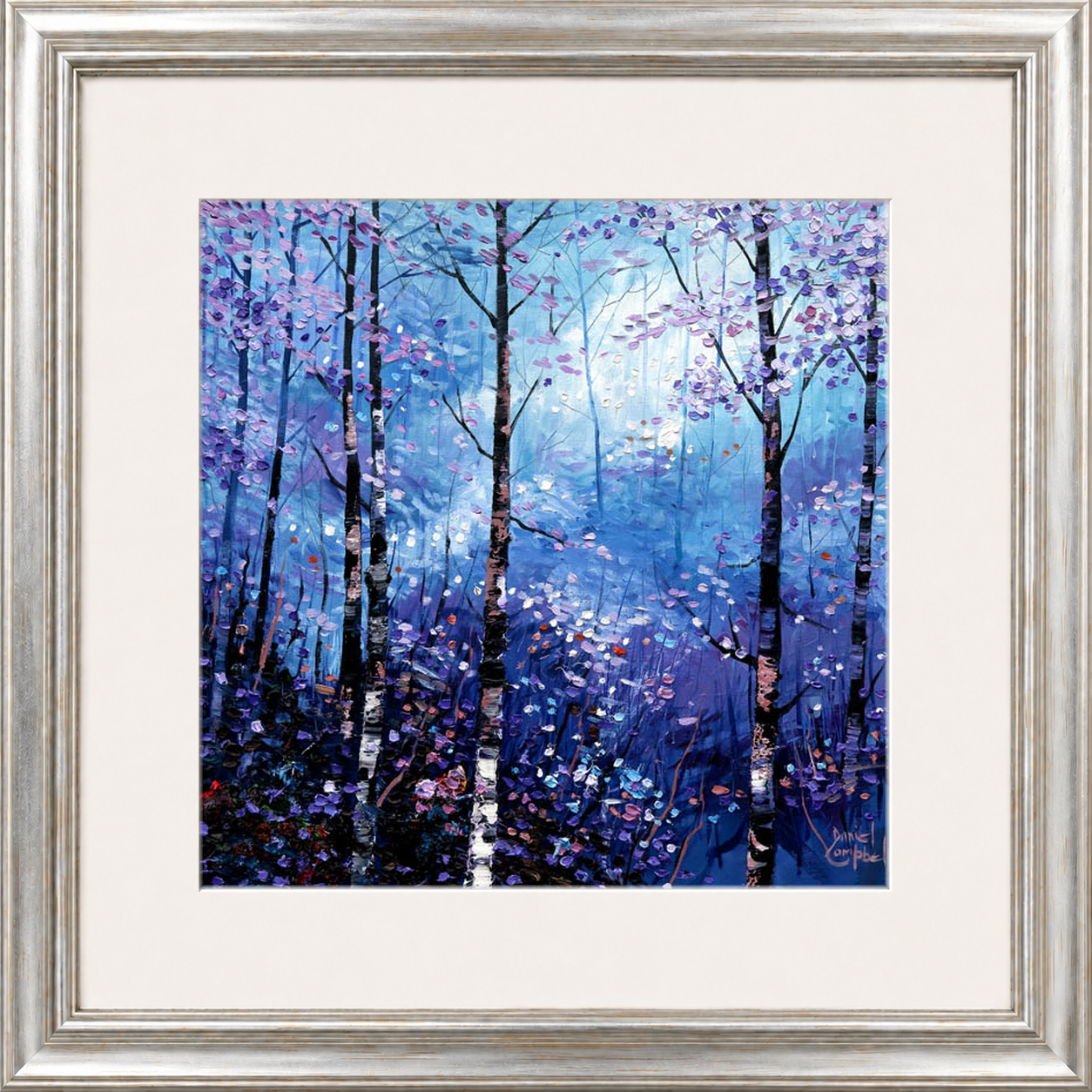 Silver Birches in Winter by Daniel Campbell framed wall art print showing silver birch trees in an atmospheric blue winter woodland