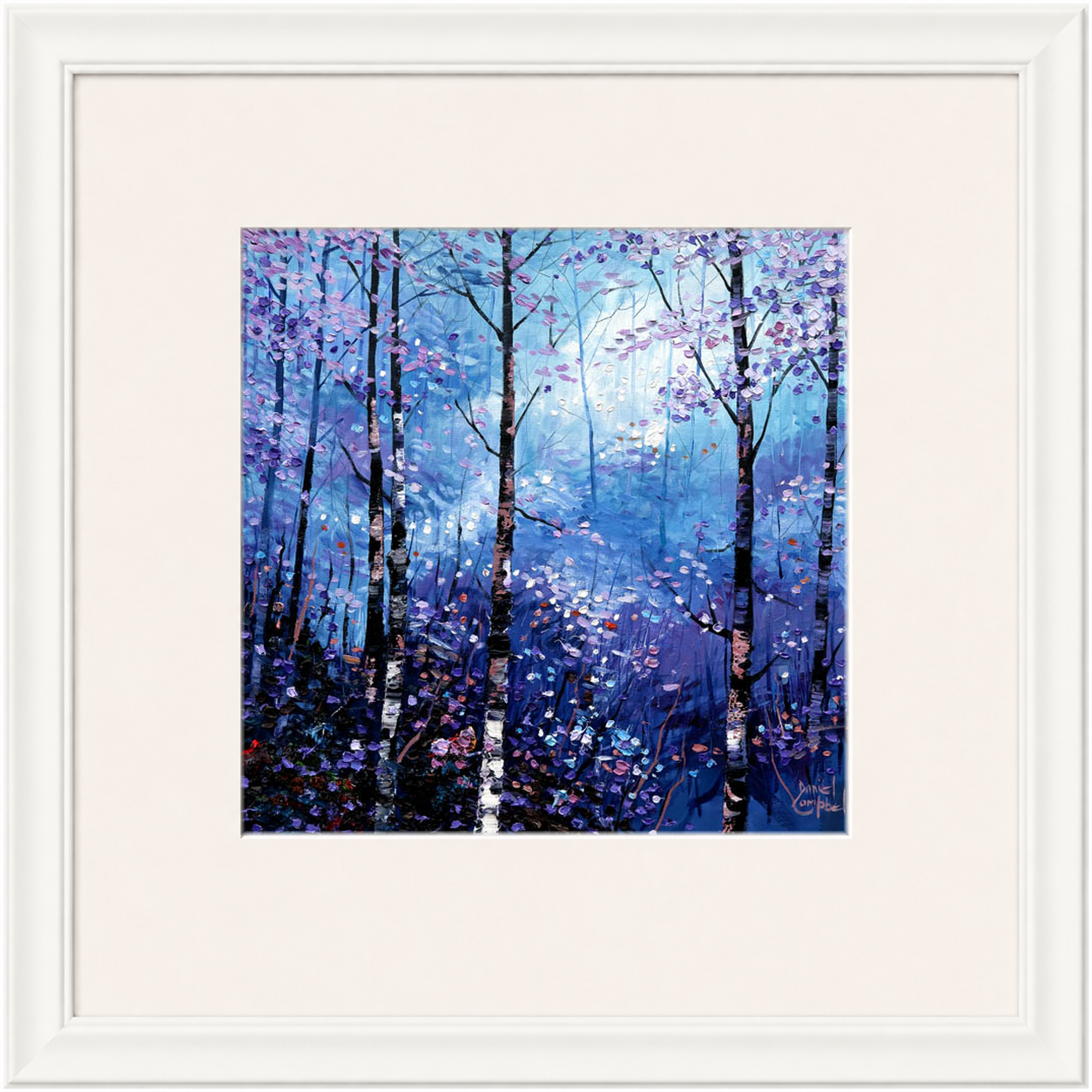 Silver Birches in Winter by Daniel Campbell framed wall art print showing silver birch trees in an atmospheric blue winter woodland