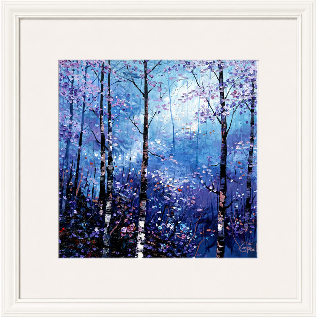 Silver Birches in Winter by Daniel Campbell framed wall art print showing silver birch trees in an atmospheric blue winter woodland