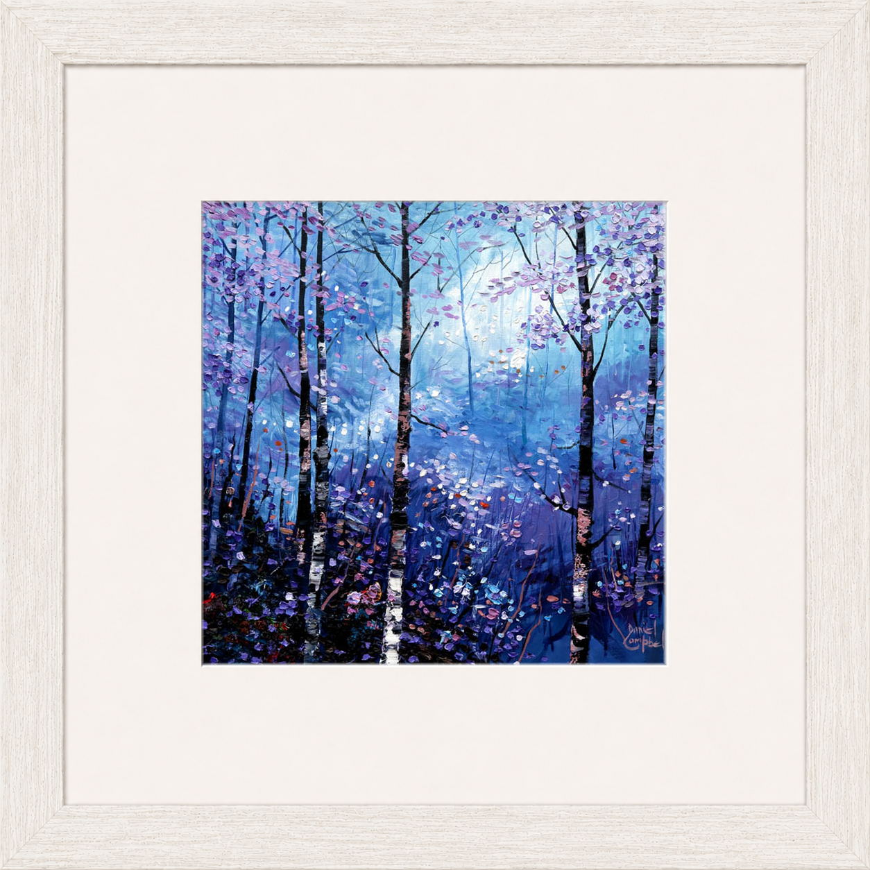 Silver Birches in Winter by Daniel Campbell framed wall art print showing silver birch trees in an atmospheric blue winter woodland