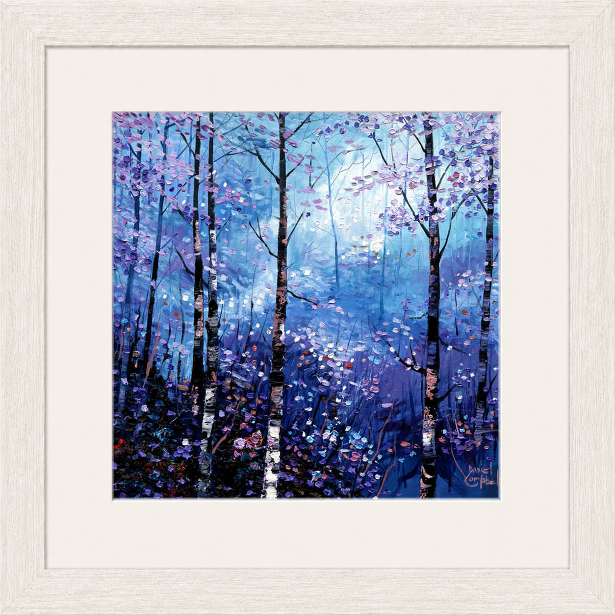 Silver Birches in Winter by Daniel Campbell framed wall art print showing silver birch trees in an atmospheric blue winter woodland