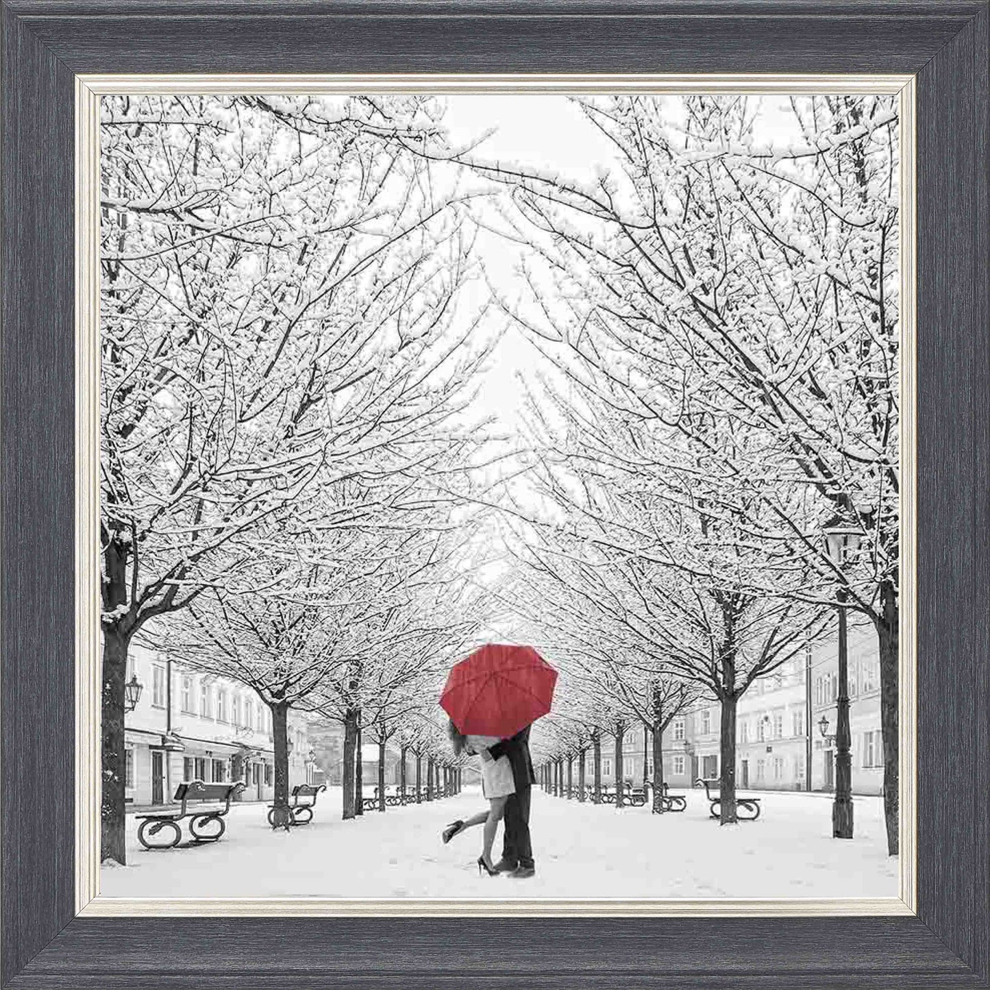 Snowy Embrace Framed Wall Art - Grey with Silver Trim