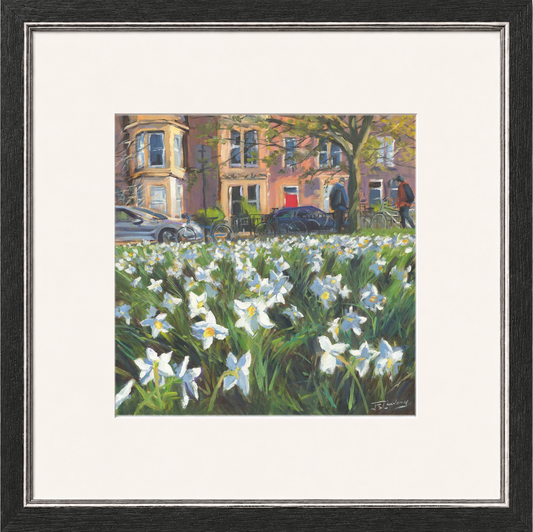 Spring Evening, Bruntsfield, Edinburgh by James Somerville Lindsay framed wall art print depicting a city scene centred on Bruntsfield in Edinburgh in springtime