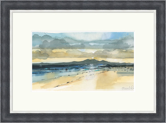Sunset And Arran, Seamill by Emma S. Davis framed wall art print showing a Seamill coastal view towards Arran as warm sunset light settles across the water