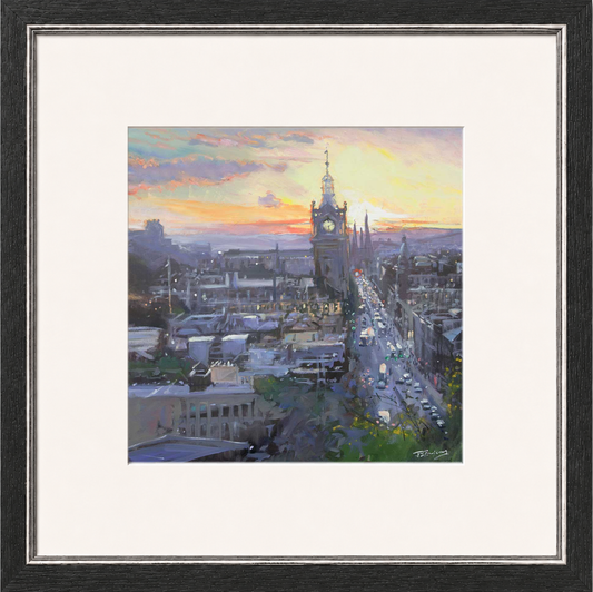 Sunset on the City, Edinburgh by James Somerville Lindsay framed wall art print depicting a city scene centred on Edinburgh in the warm light of late day
