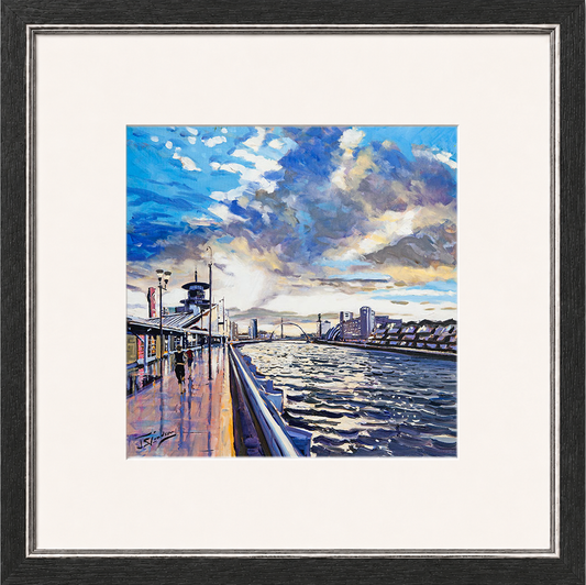 Sunset on the Quay, Glasgow by James Somerville Lindsay framed wall art print depicting a city scene centred on the Clydeside waterfront in Glasgow in the warm light of late day