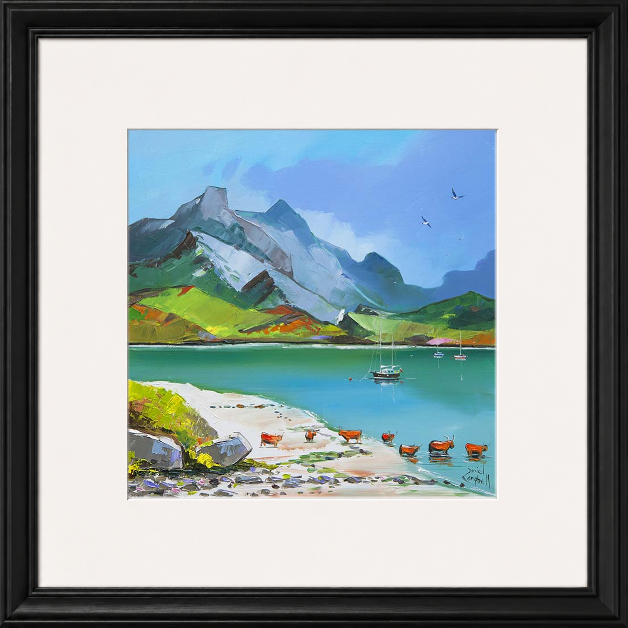 Taking A Dip by Daniel Campbell framed wall art print showing a colourful countryside scene beside the water