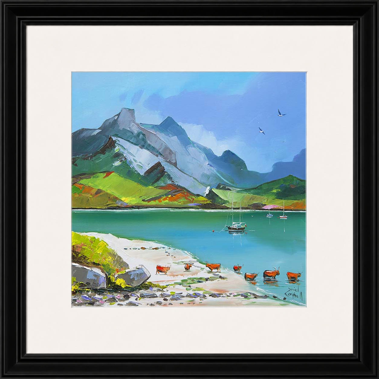Taking A Dip by Daniel Campbell framed wall art print showing a colourful countryside scene beside the water
