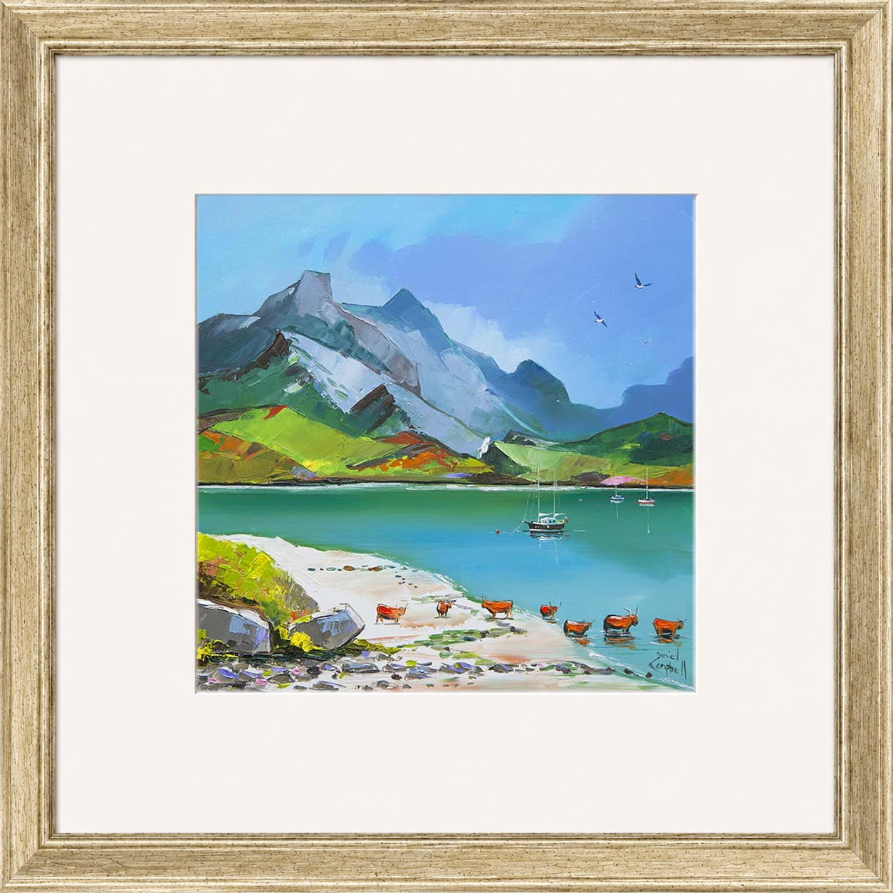 Taking A Dip by Daniel Campbell framed wall art print showing a colourful countryside scene beside the water