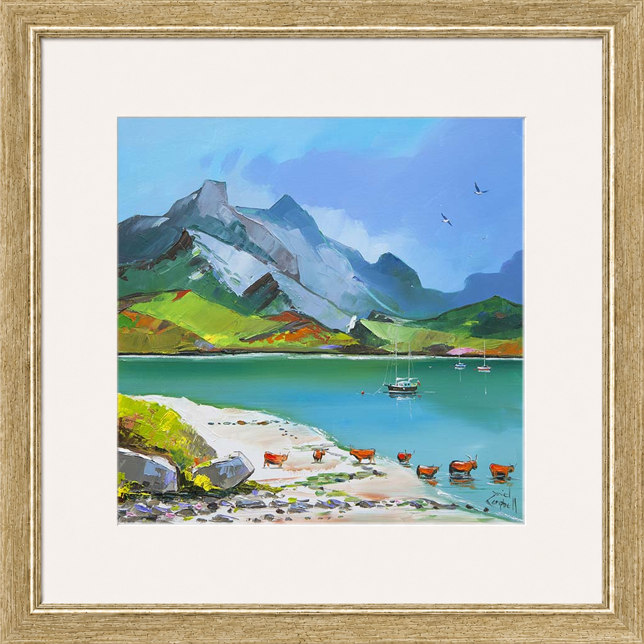 Taking A Dip by Daniel Campbell framed wall art print showing a colourful countryside scene beside the water