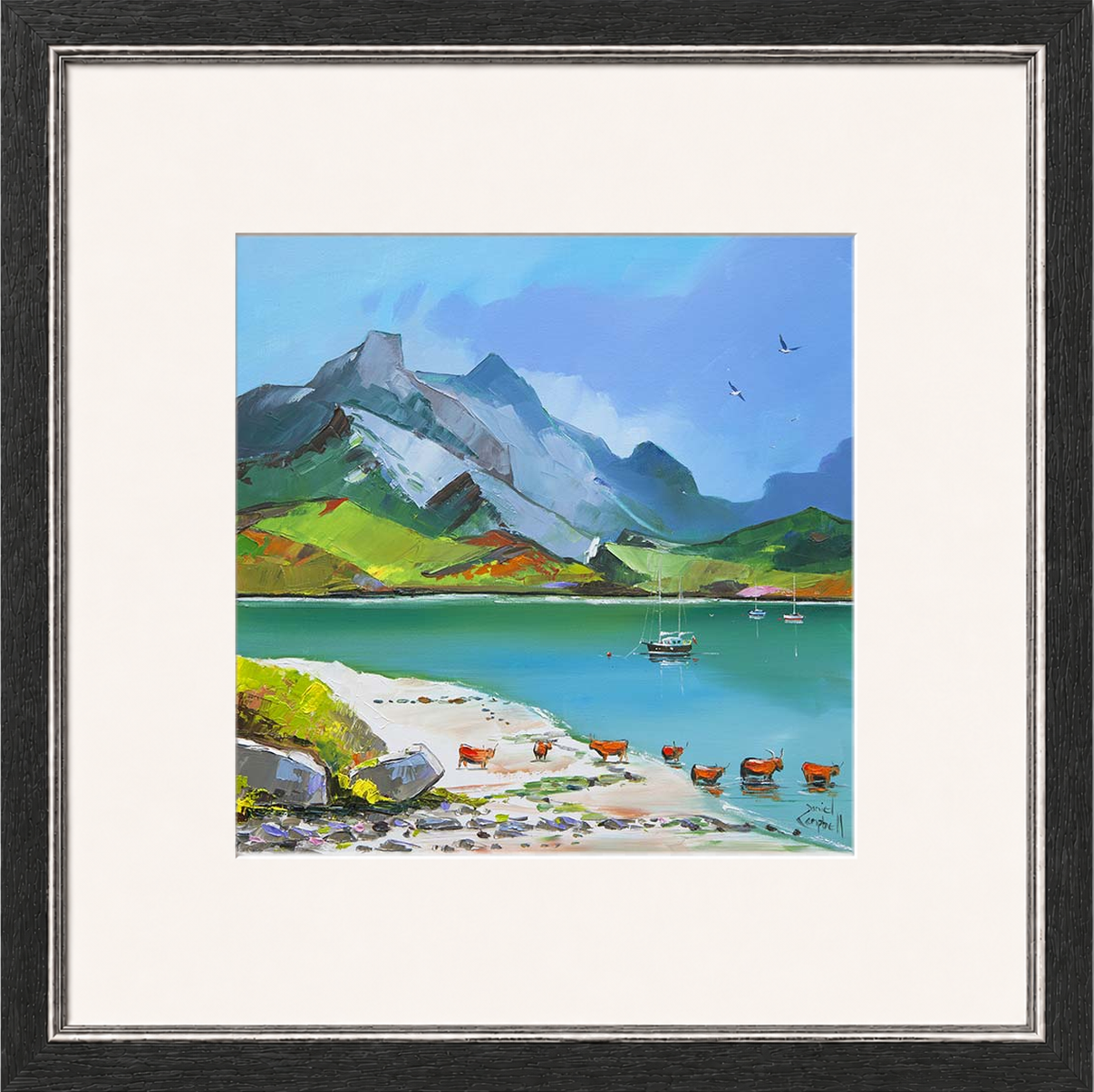 Taking A Dip by Daniel Campbell framed wall art print showing a colourful countryside scene beside the water