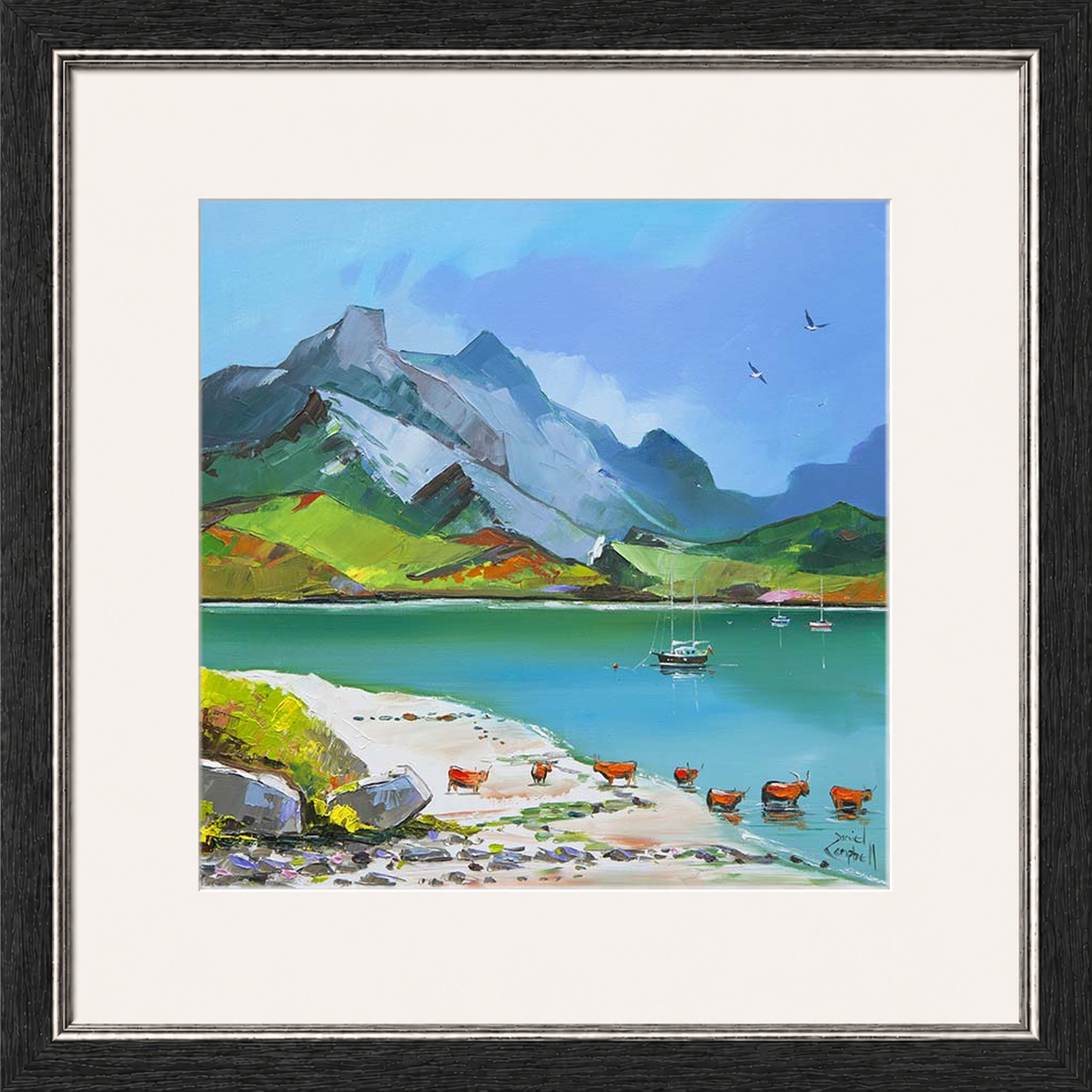 Taking A Dip by Daniel Campbell framed wall art print showing a colourful countryside scene beside the water