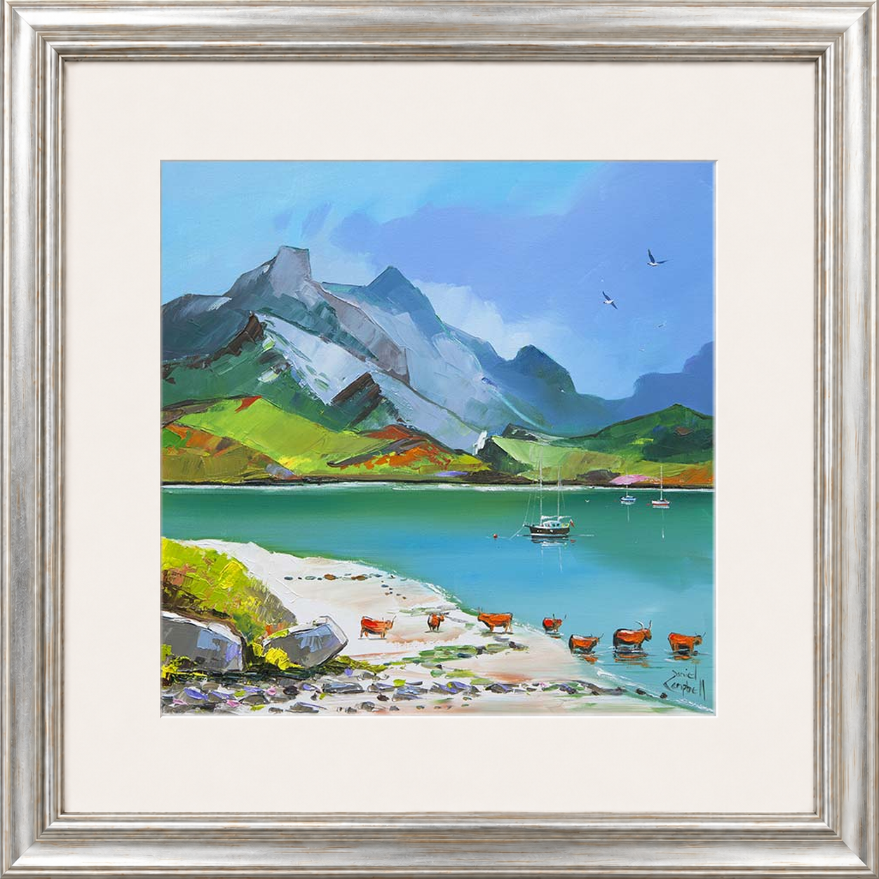 Taking A Dip by Daniel Campbell framed wall art print showing a colourful countryside scene beside the water