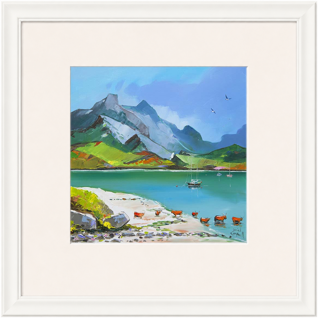 Taking A Dip by Daniel Campbell framed wall art print showing a colourful countryside scene beside the water