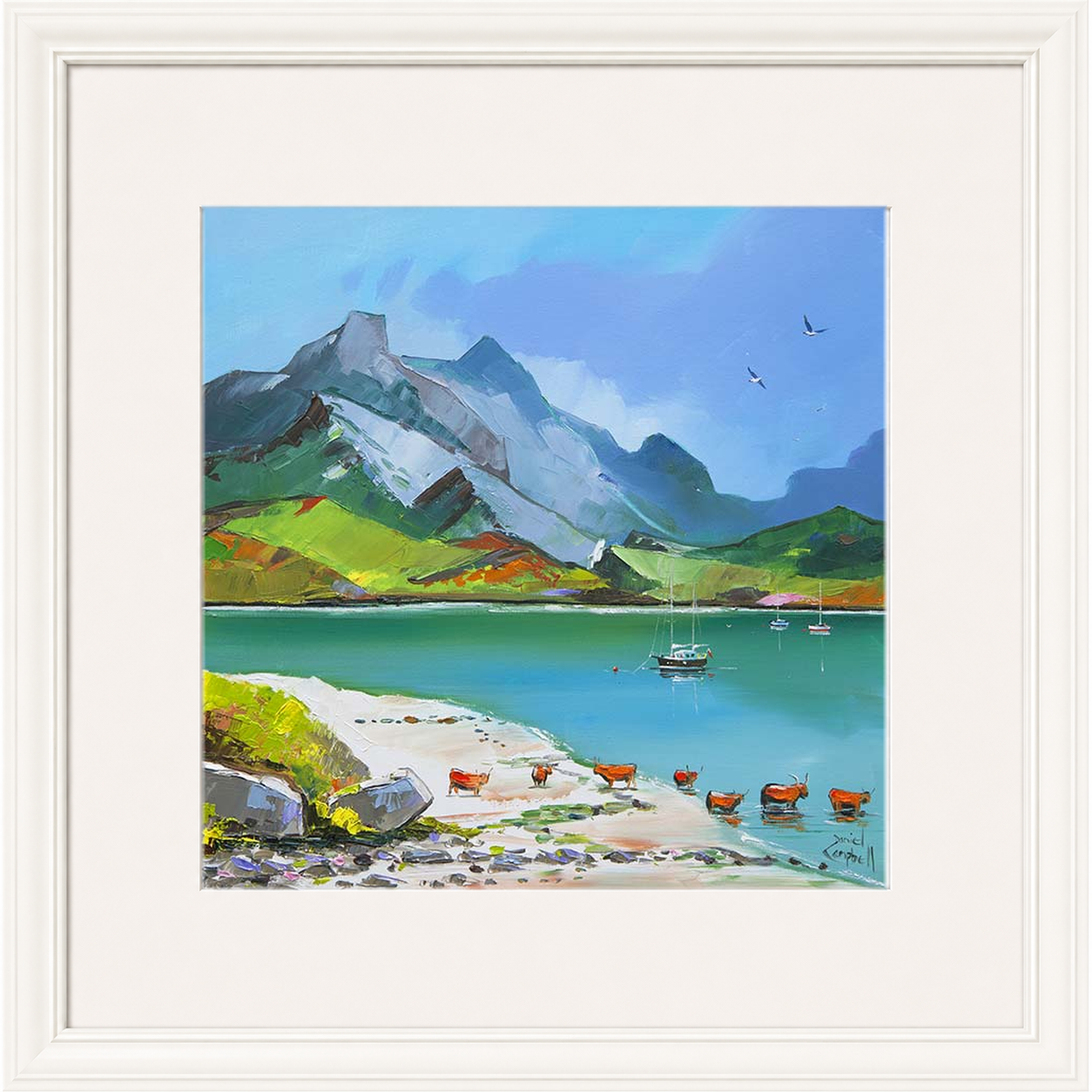 Taking A Dip by Daniel Campbell framed wall art print showing a colourful countryside scene beside the water