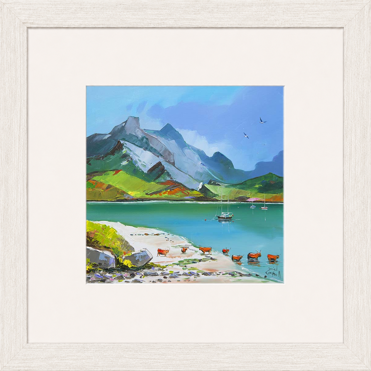 Taking A Dip by Daniel Campbell framed wall art print showing a colourful countryside scene beside the water