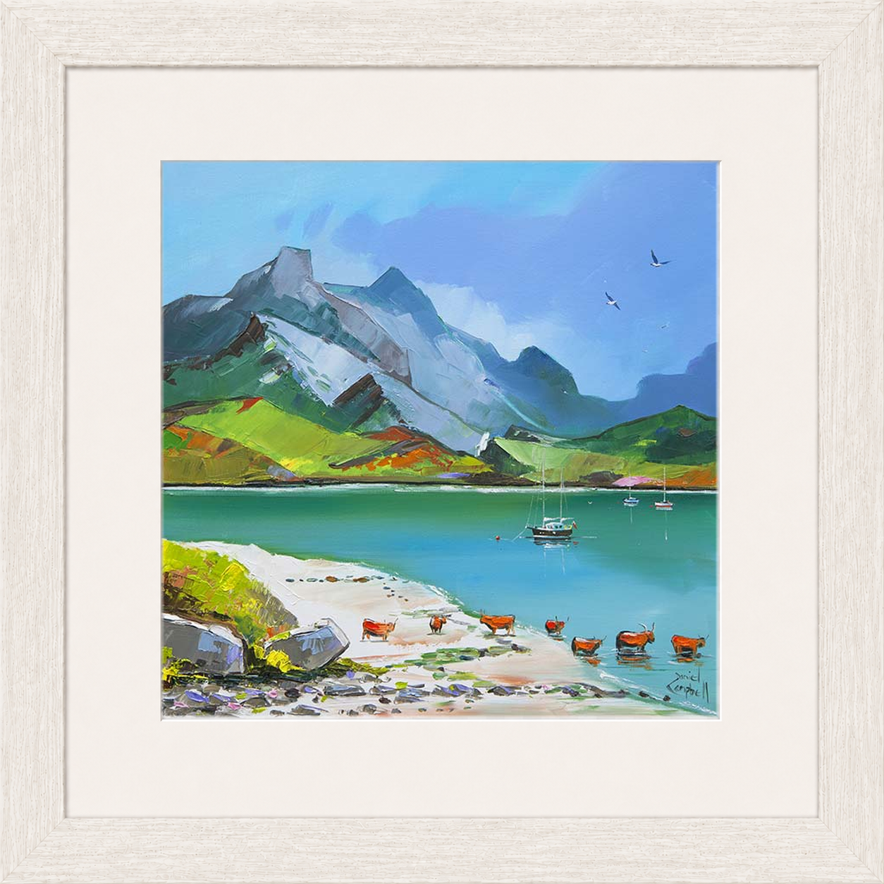 Taking A Dip by Daniel Campbell framed wall art print showing a colourful countryside scene beside the water