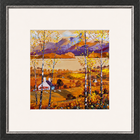 The Banks of Loch Lomond by Daniel Campbell framed wall art print showing the peaceful banks of Loch Lomond in soft blue and green tones