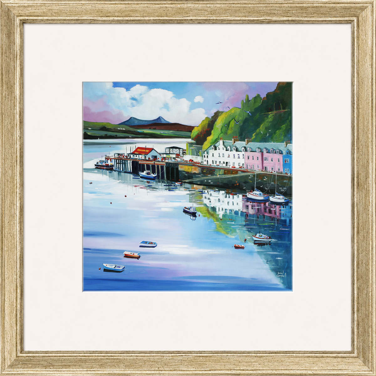 The Pink House, Porttree by Daniel Campbell framed wall art print showing a colourful pink house in a Scottish coastal village scene