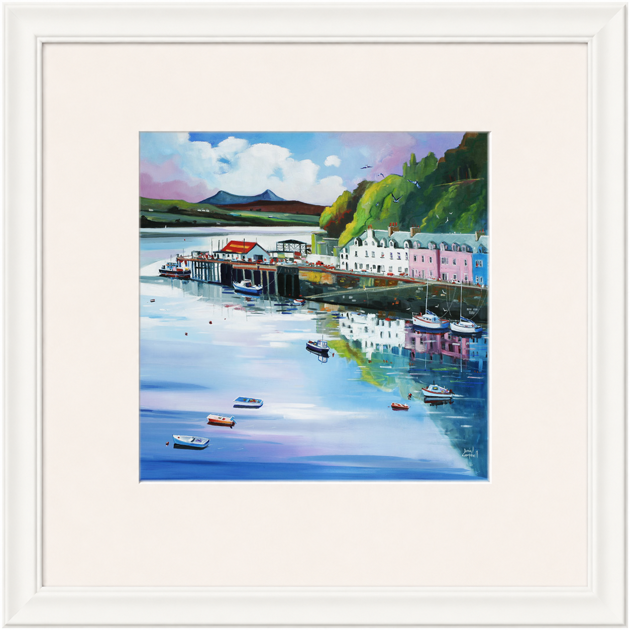 The Pink House, Porttree by Daniel Campbell framed wall art print showing a colourful pink house in a Scottish coastal village scene