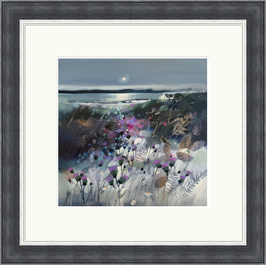 Thistles, Kintyre by Emma S. Davis framed wall art print showing a Kintyre coastal landscape framed by expressive Scottish thistles
