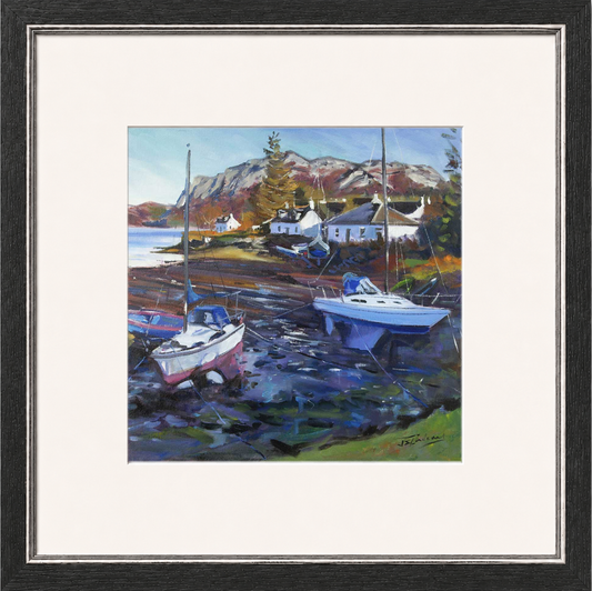 Tide Out, Plockton by James Somerville Lindsay framed wall art print depicting a shoreline view at low tide at the shoreline at Plockton