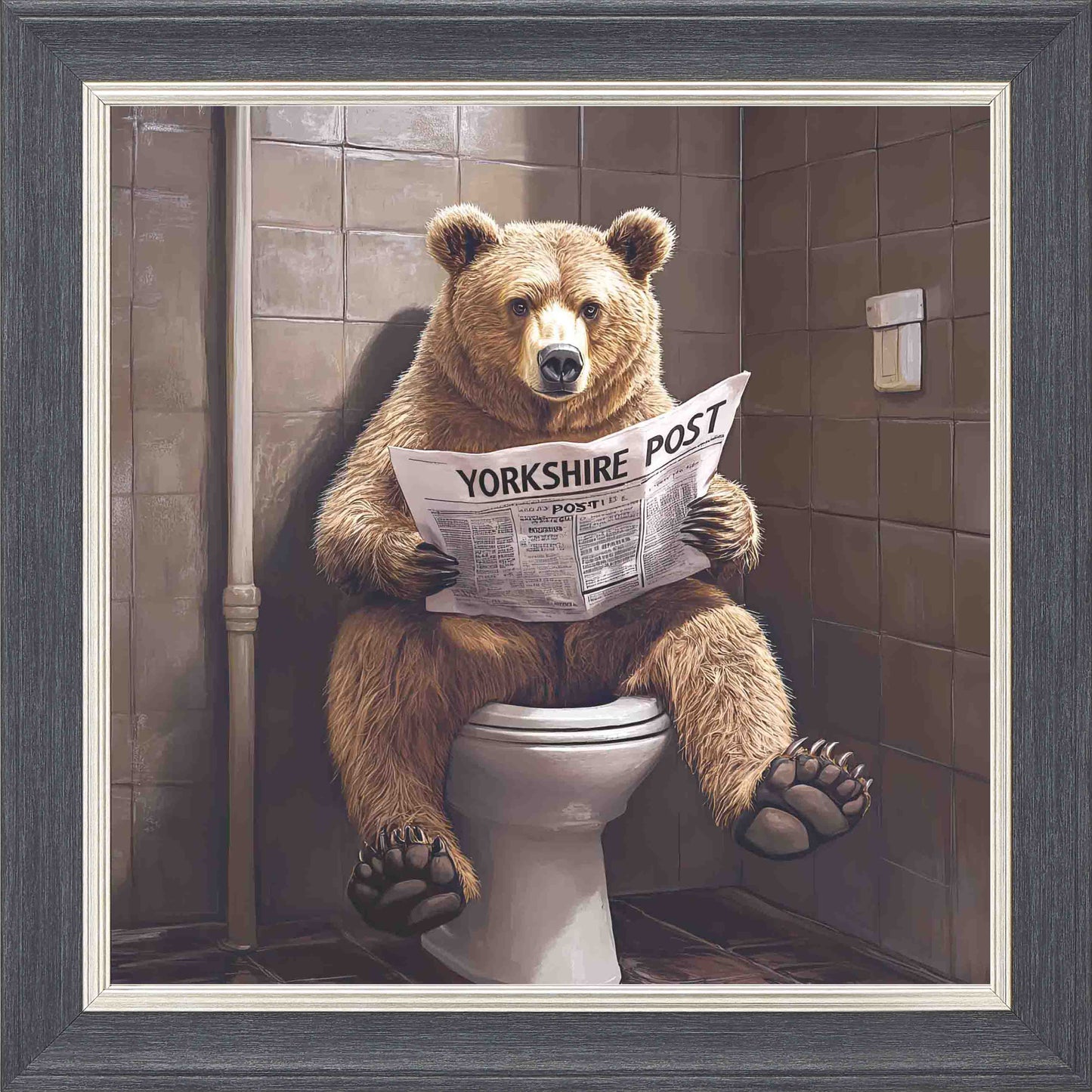 Toilet Bear Yorkshire Post Framed Wall Art - Grey with Silver Trim