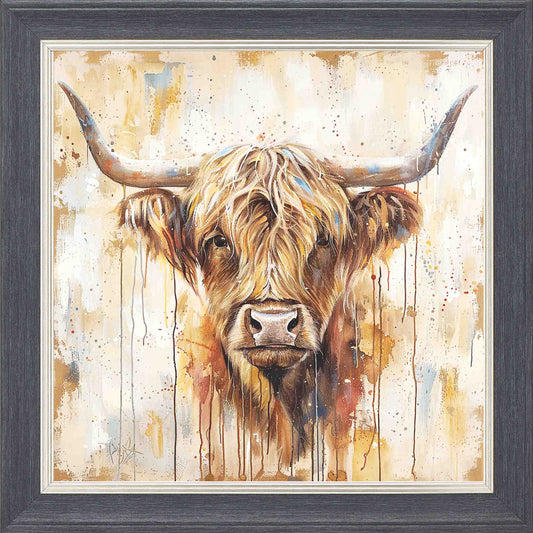 Vintage Highland Cow Framed Wall Art - Grey with Silver Trim
