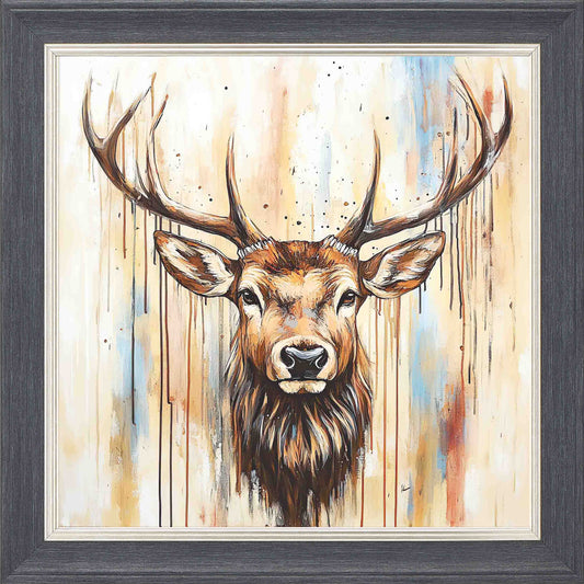 Vintage Stag Framed Wall Art - Grey with Silver Trim