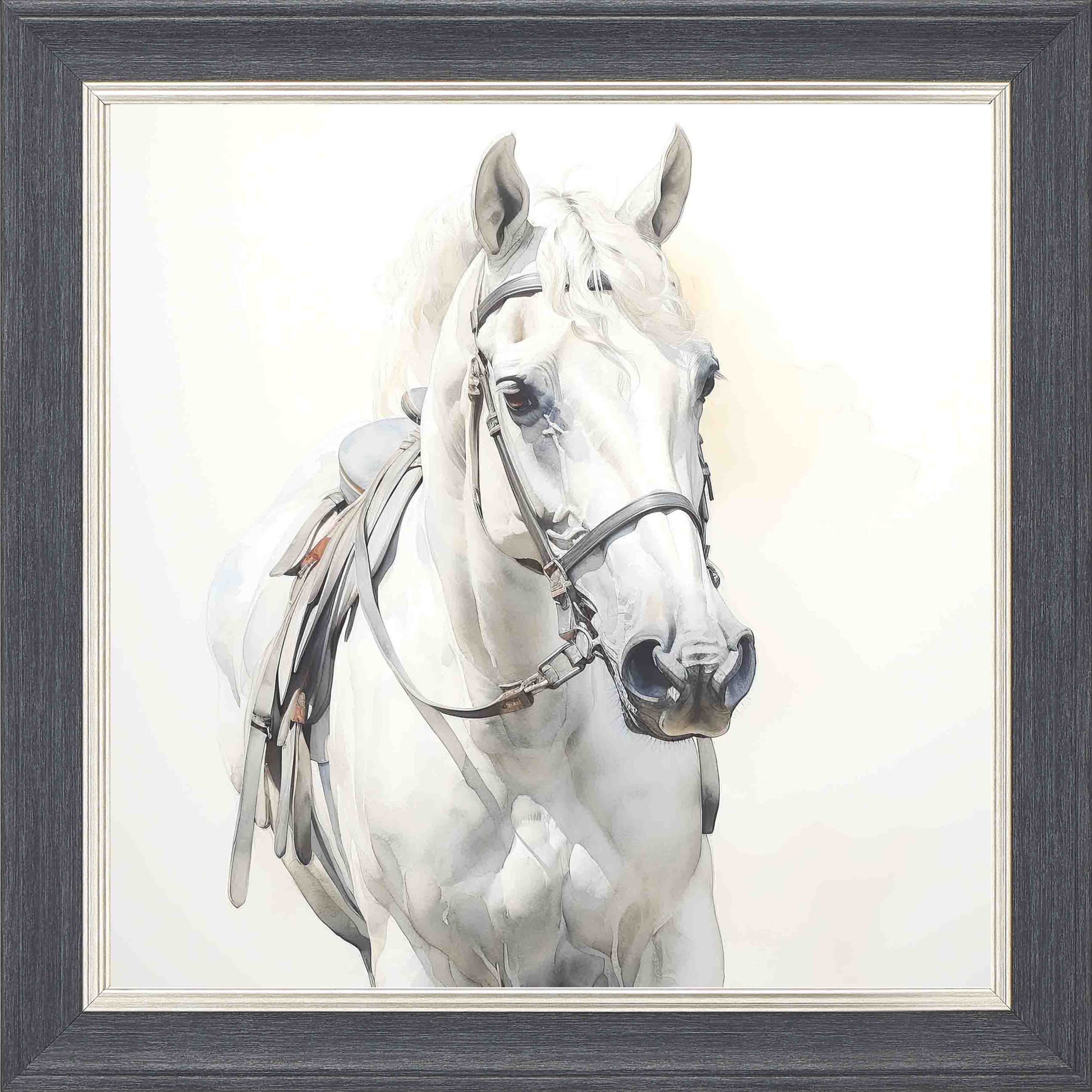 Watercolour Horse White And Cream Framed Wall Art - Grey with Silver Trim