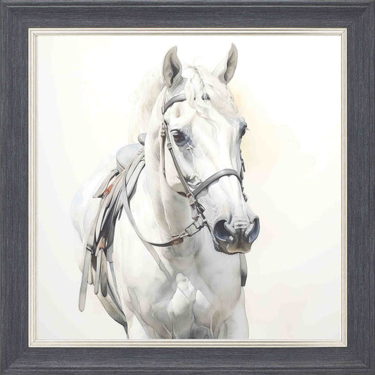 Watercolour Horse White And Cream Framed Wall Art - Grey with Silver Trim