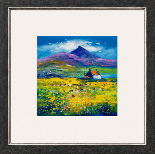 Wee Peat Stacks and Wild Machair Flowers, South Uist by John Lowrie Morrison (Jolomo) Framed Art