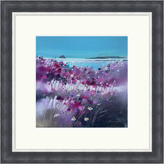 Wildflowers, Kildonan Arran by Emma S. Davis framed wall art print showing a colourful Kildonan Arran landscape filled with expressive wildflowers