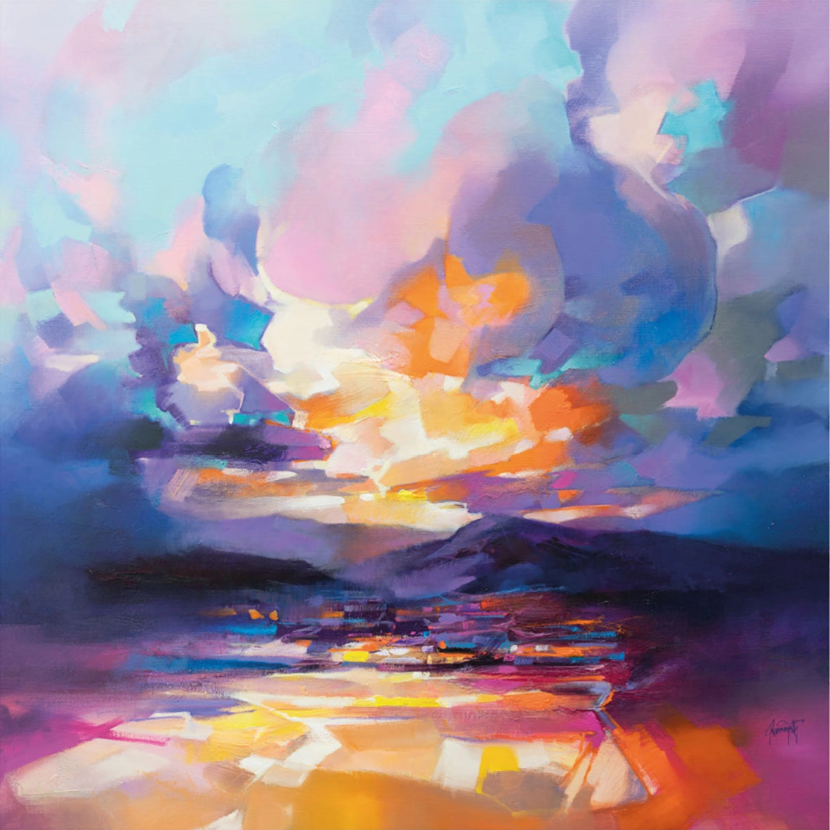 Colorful abstract painting of a sunset over water