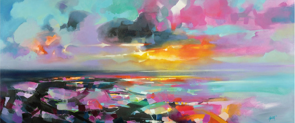 Colorful abstract landscape painting with a sunset over water