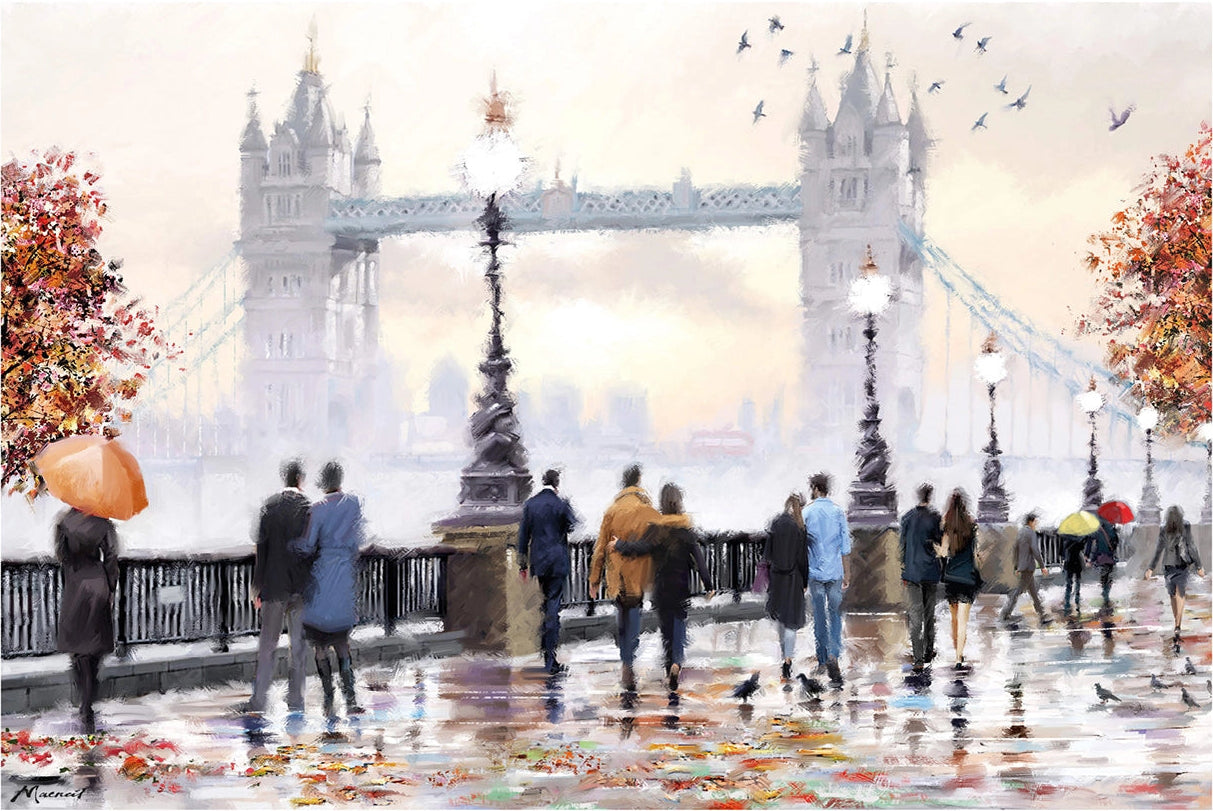 People with umbrellas walking across a bridge with Tower Bridge in the background