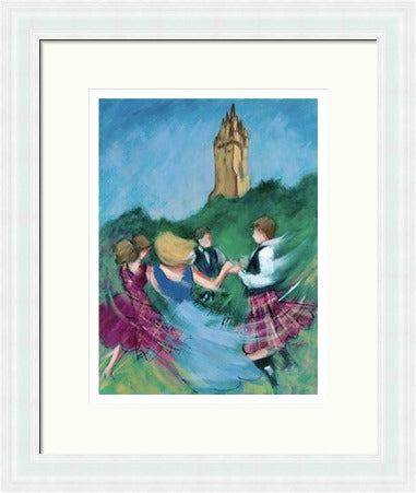 Highland Dance at Stirling's Heart by Janet McCrorie framed wall art print showing Scottish dancers in a landmark setting