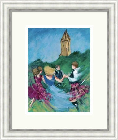 Highland Dance at Stirling's Heart by Janet McCrorie framed wall art print showing Scottish dancers in a landmark setting