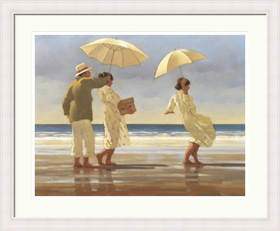 The Picnic Party by Jack Vettriano framed wall art print featuring three figures heading out to enjoy a sunny beach picnic