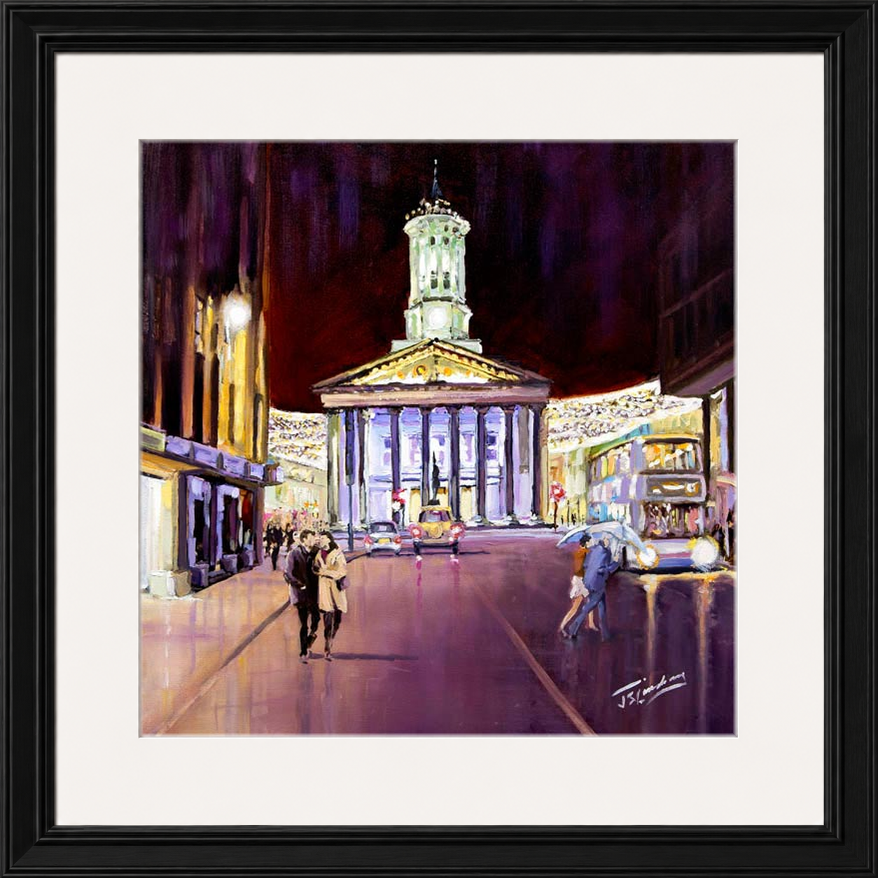 Friday Evening, Royal Exchange Square Glasgow by James Somerville Lindsay framed wall art print depicting an evening city scene in Royal Exchange Square in Glasgow