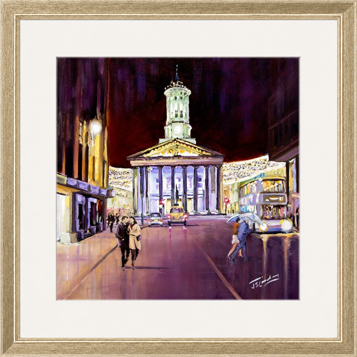 Friday Evening, Royal Exchange Square Glasgow by James Somerville Lindsay framed wall art print depicting an evening city scene in Royal Exchange Square in Glasgow