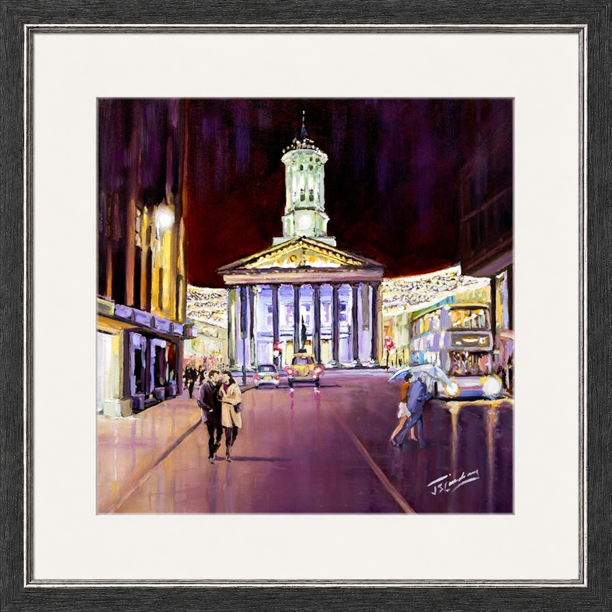 Friday Evening, Royal Exchange Square Glasgow by James Somerville Lindsay framed wall art print depicting an evening city scene in Royal Exchange Square in Glasgow