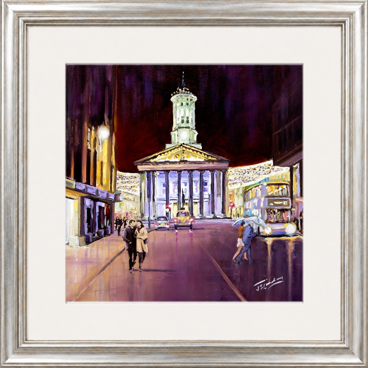 Friday Evening, Royal Exchange Square Glasgow by James Somerville Lindsay framed wall art print depicting an evening city scene in Royal Exchange Square in Glasgow