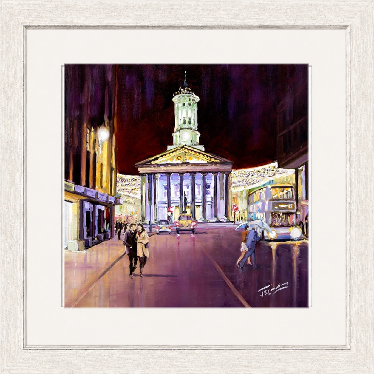 Friday Evening, Royal Exchange Square Glasgow by James Somerville Lindsay framed wall art print depicting an evening city scene in Royal Exchange Square in Glasgow