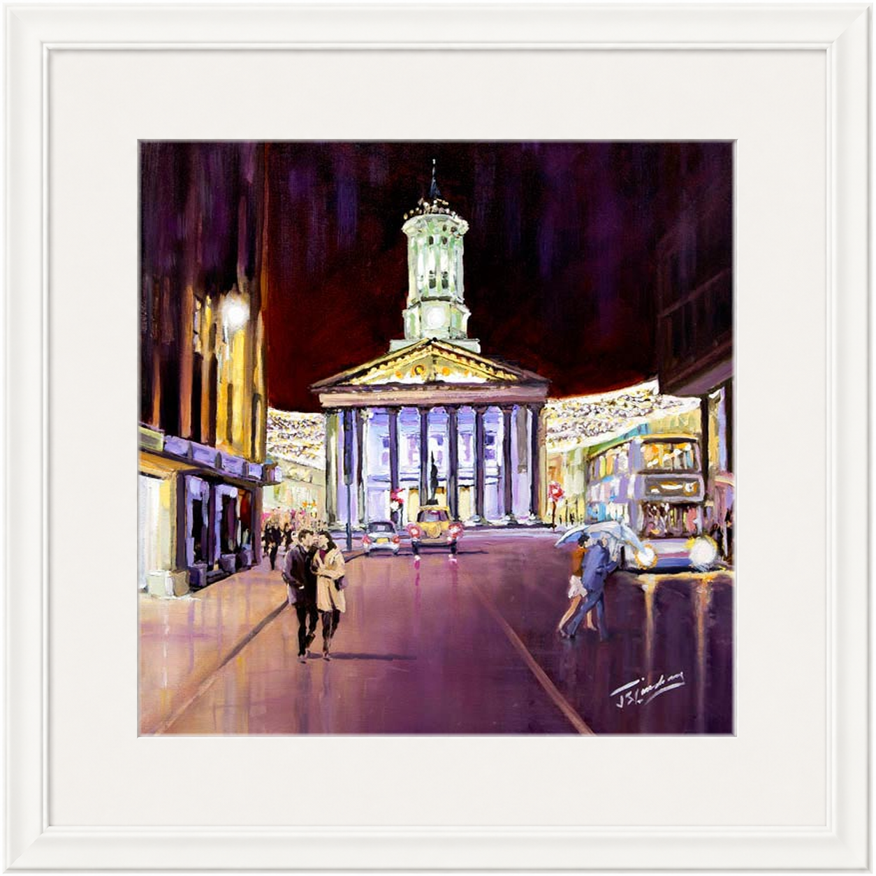 Friday Evening, Royal Exchange Square Glasgow by James Somerville Lindsay framed wall art print depicting an evening city scene in Royal Exchange Square in Glasgow