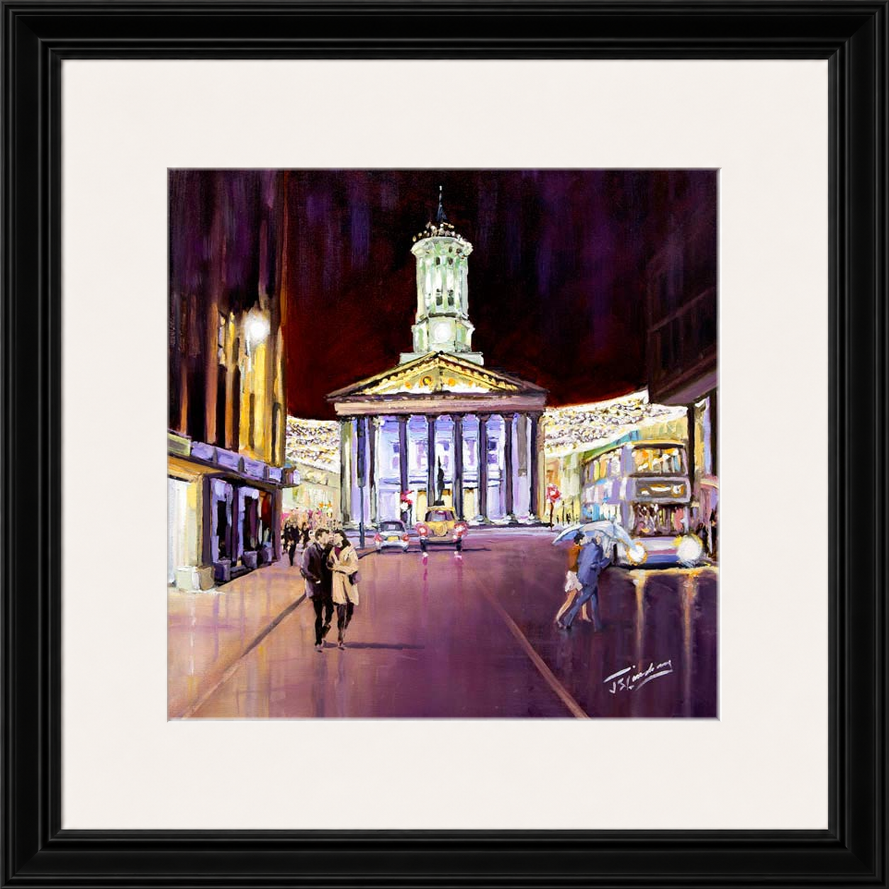 Friday Evening, Royal Exchange Square Glasgow by James Somerville Lindsay framed wall art print depicting an evening city scene in Royal Exchange Square in Glasgow
